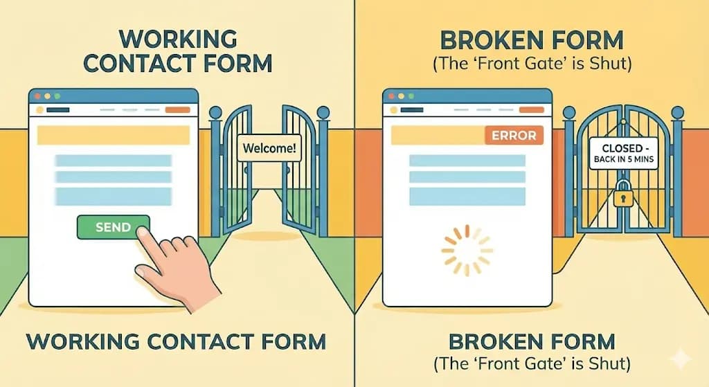 Working contact form showing an open gate with 'Welcome' sign versus broken form showing a locked gate with 'Closed - Back in 5 mins' sign