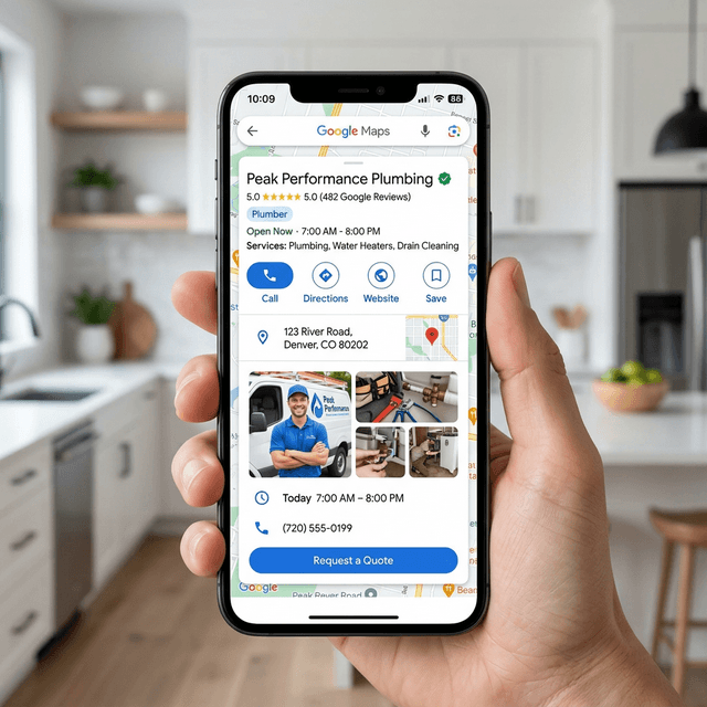 A screenshot of a perfectly optimized Google Business Profile for a local service business, with arrows pointing to the reviews, clear address, and category.