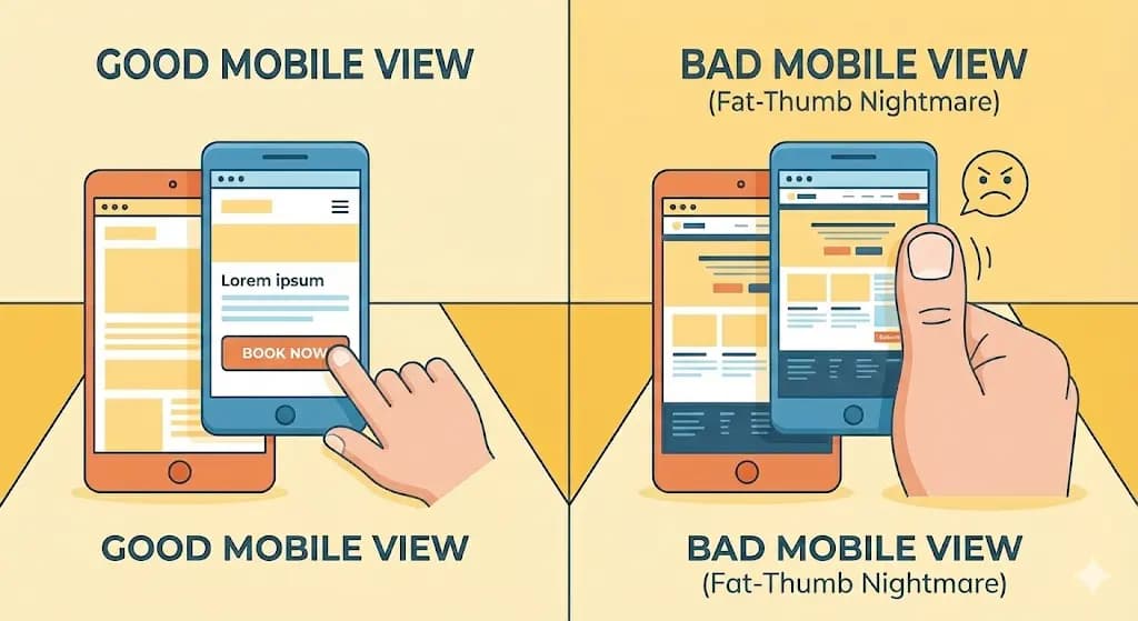 Good mobile view with easy tap targets versus bad mobile view where everything is cramped and hard to tap
